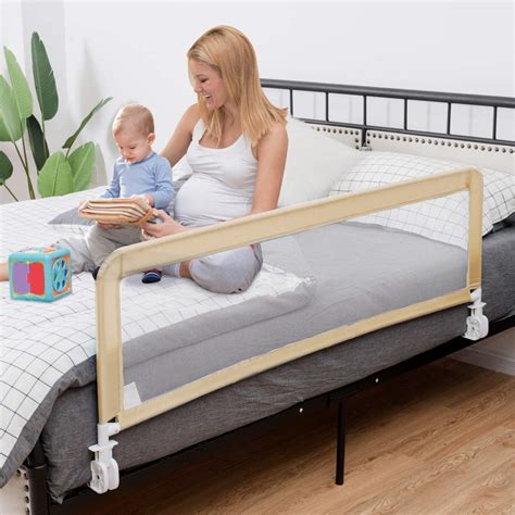 Costzon Double Sided Bed Rail Guard, 2 Pack, Extra Long Swing Down Safety Guard w/Straps for Toddler Convertible Crib, Folding Baby Bedrail for Kids Twin Double Full Queen King Mattress, Beige,59 Inch