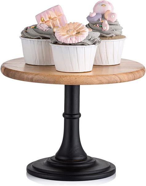 NUPTIO Wood Cake Dessert Stand with Metal Black Matt Base, 8 inches Round Cupcake Holder, Wedding Birthday Party Pedestal Display Plate (Wood, S)