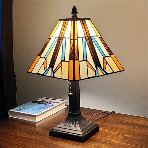 Best Review Tiffany Style Mini Accent Lamp Mission 15" Tall Stained Glass Yellow Green Floral Flower Dragonfly Vintage Antique Light Décor Nightstand Living Room Bedroom Handmade Gift AM289TL08B Amora Lighting